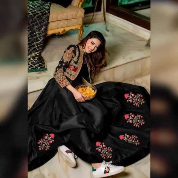 2 Pcs Women's Stitched Silk Plain Maxi With Embroidered Jacket