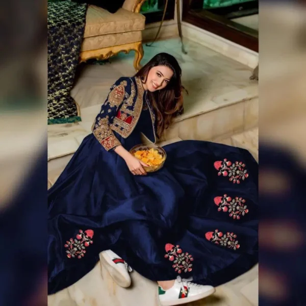 2 Pcs Women's Stitched Silk Maxi with Embroidered Jacket – New Style