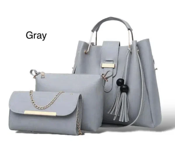 Girls' Grey Leather Hand Bag Set - 3 Pcs Elegant Collection